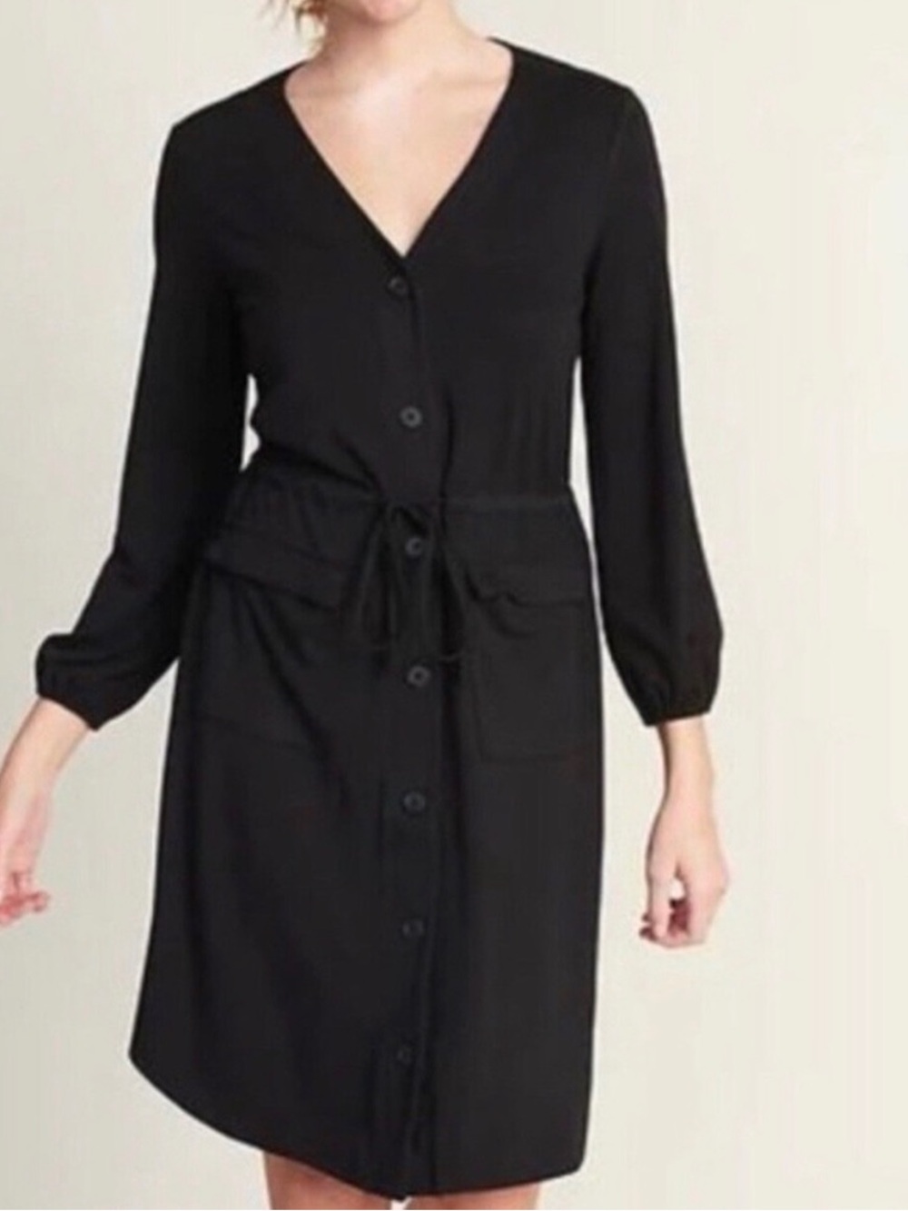 Old Navy Black Long-Sleeve Button-Front Dress with Tie Waist